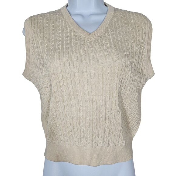 1990s Vintage Lady Player Beige Cable Knit Sleeveless Sweater Vest Silk Womens M - Picture 1 of 8